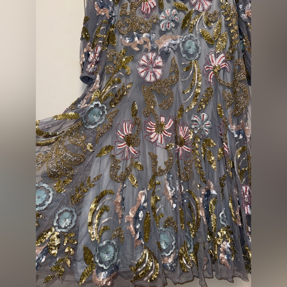 NWT Mac Duggal 5423 Gray Platinum Multi Long Cuff Sleeve Midi Dress Size 12 - Picture 8 of 16